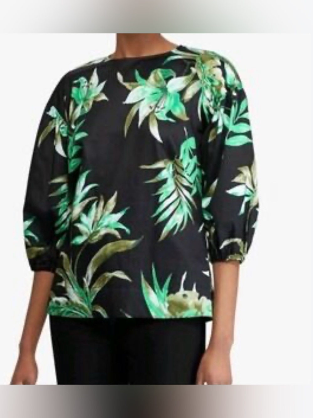 Ralph Lauren Black Blouse with Green Tropical Leaf Print